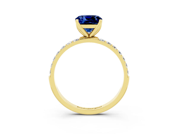 Yellow gold Cushion Cut Blue Sapphire Solitaire Engagement Ring with Round  Pavé Band and Prong Setting