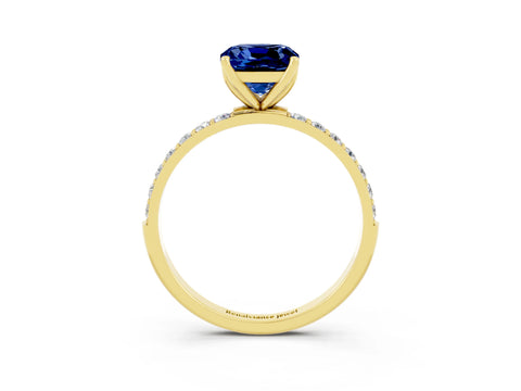 Yellow gold Cushion Cut Blue Sapphire Solitaire Engagement Ring with Pavé Band and Prong Setting_3