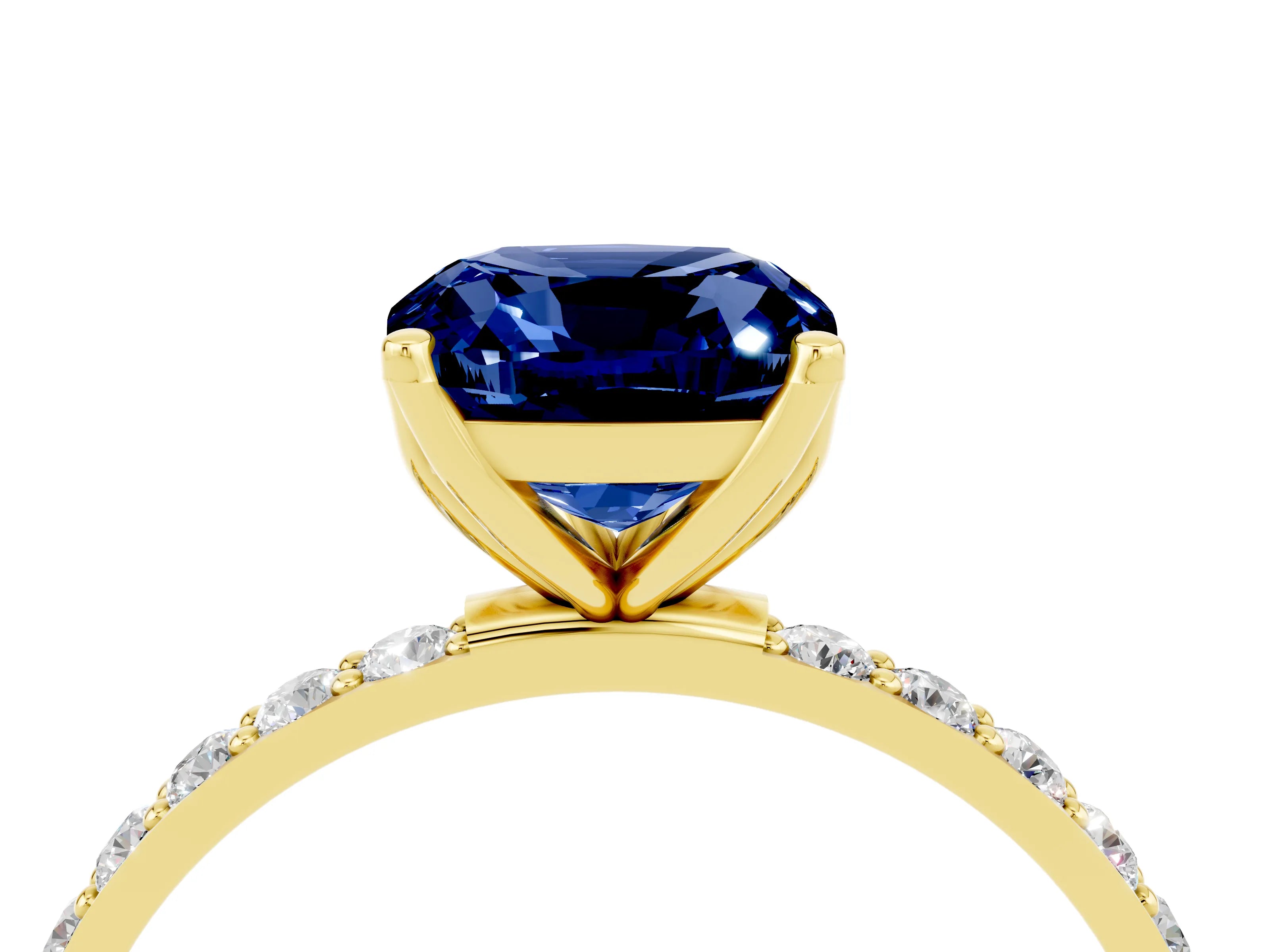 Yellow gold Cushion Cut Blue Sapphire Solitaire Engagement Ring with Pavé Band and Prong Setting_4