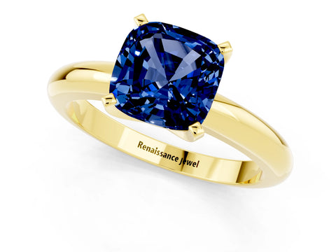 Yellow gold Cushion Cut Blue Sapphire Solitaire Engagement Ring with Round Band and Four-Prong Setting_1