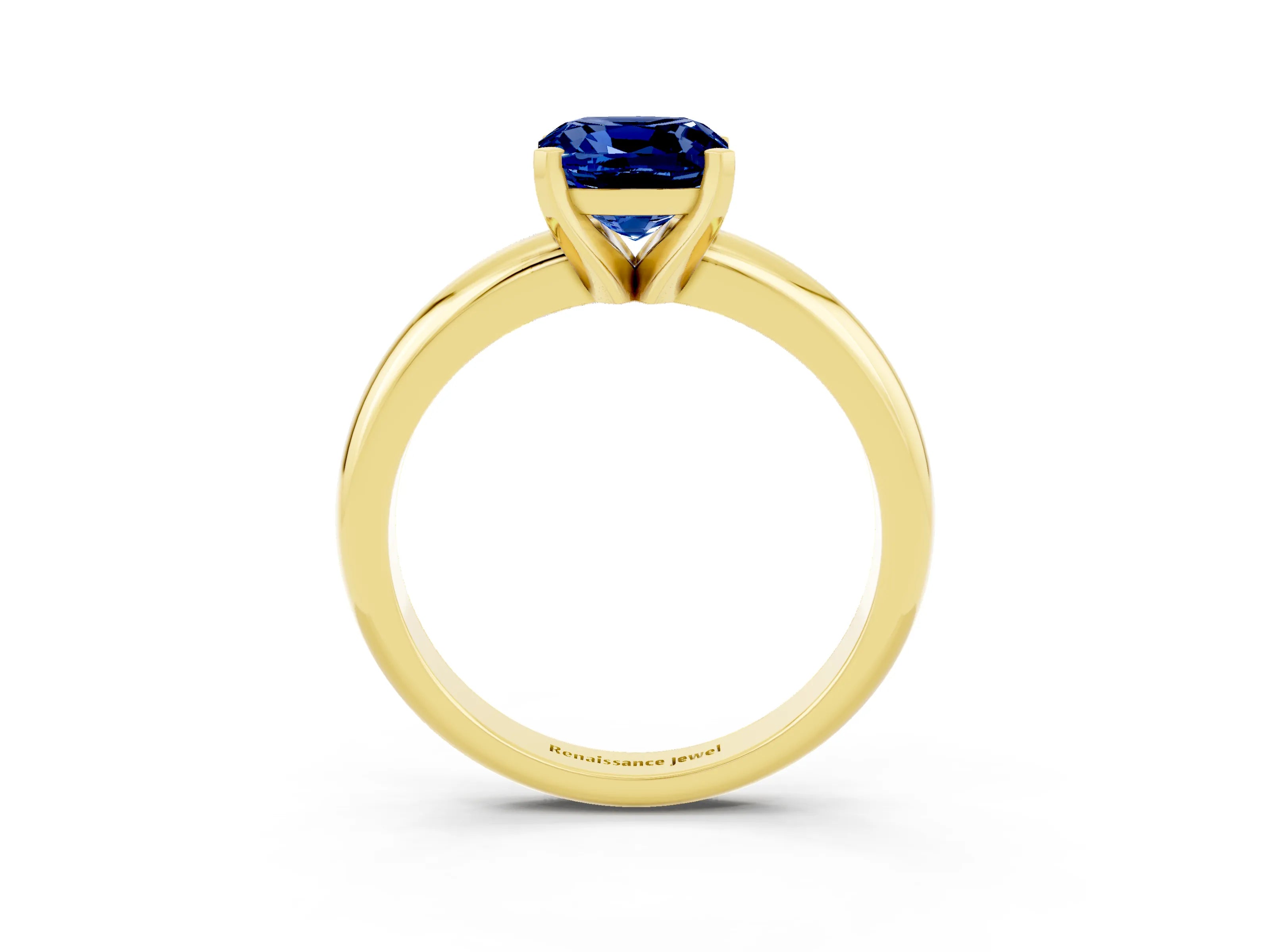 Yellow gold Cushion Cut Blue Sapphire Solitaire Engagement Ring with Round Band and Four-Prong Setting_3