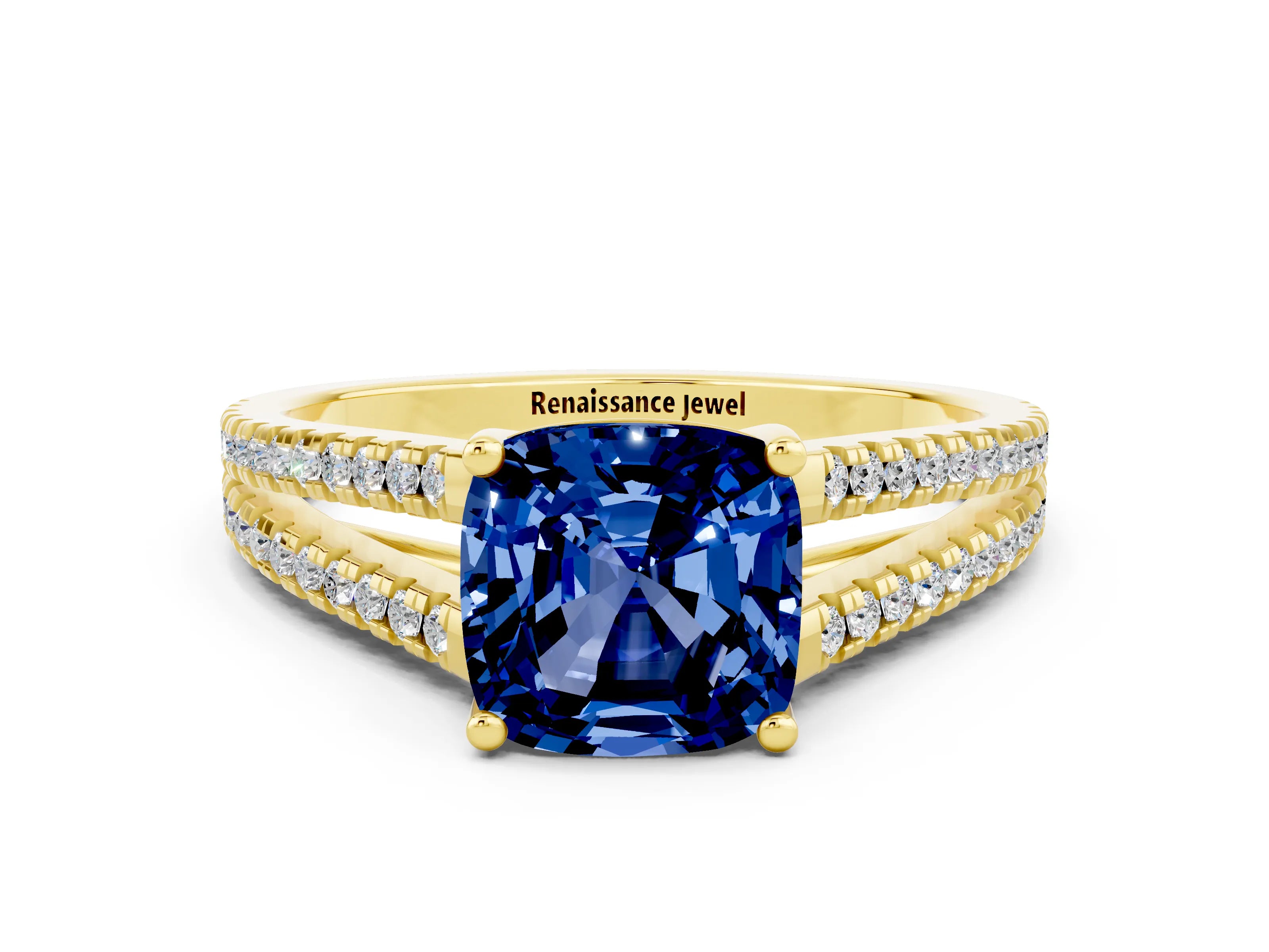 Yellow gold Cushion Cut Blue Sapphire Solitaire Engagement Ring with Split Shank Pavé Band