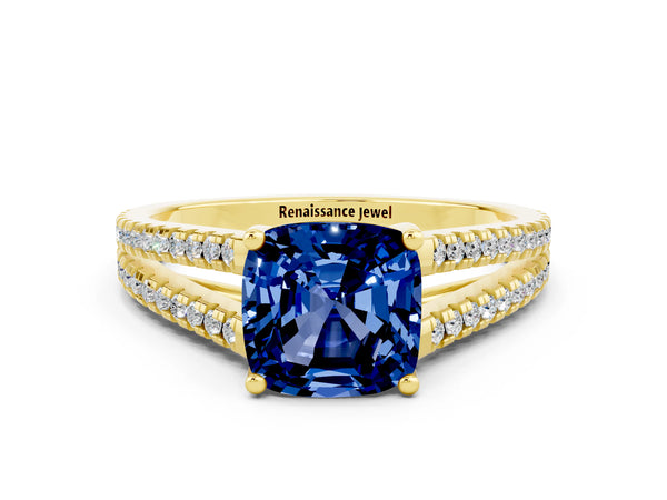 Yellow gold Cushion Cut Blue Sapphire Solitaire Engagement Ring with Split Shank Pavé Band
