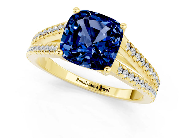 Yellow gold Cushion Cut Blue Sapphire Solitaire Engagement Ring with Split Shank Pavé Band