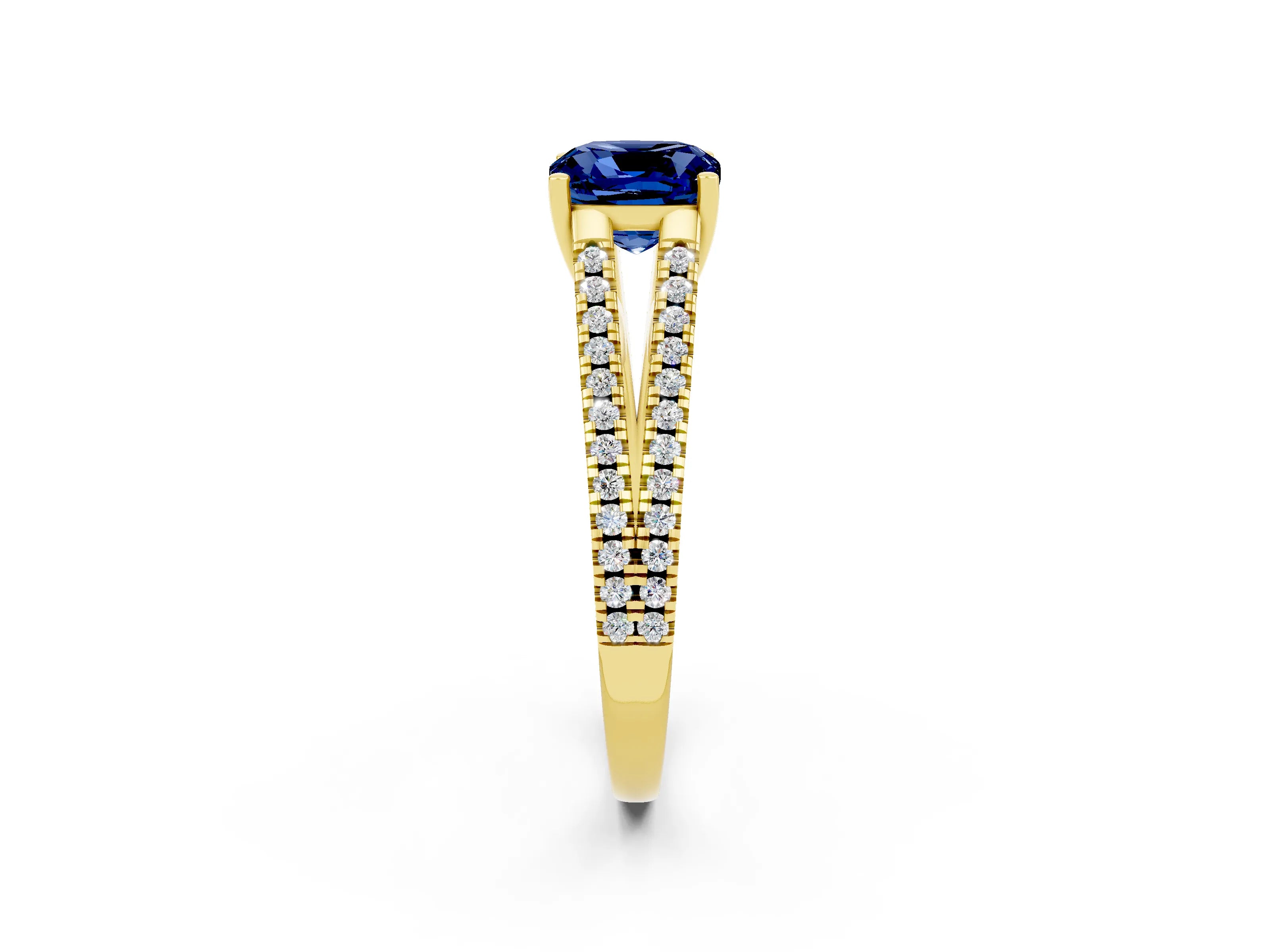 Yellow gold Cushion Cut Blue Sapphire Solitaire Engagement Ring with Split Shank Pavé Band_2