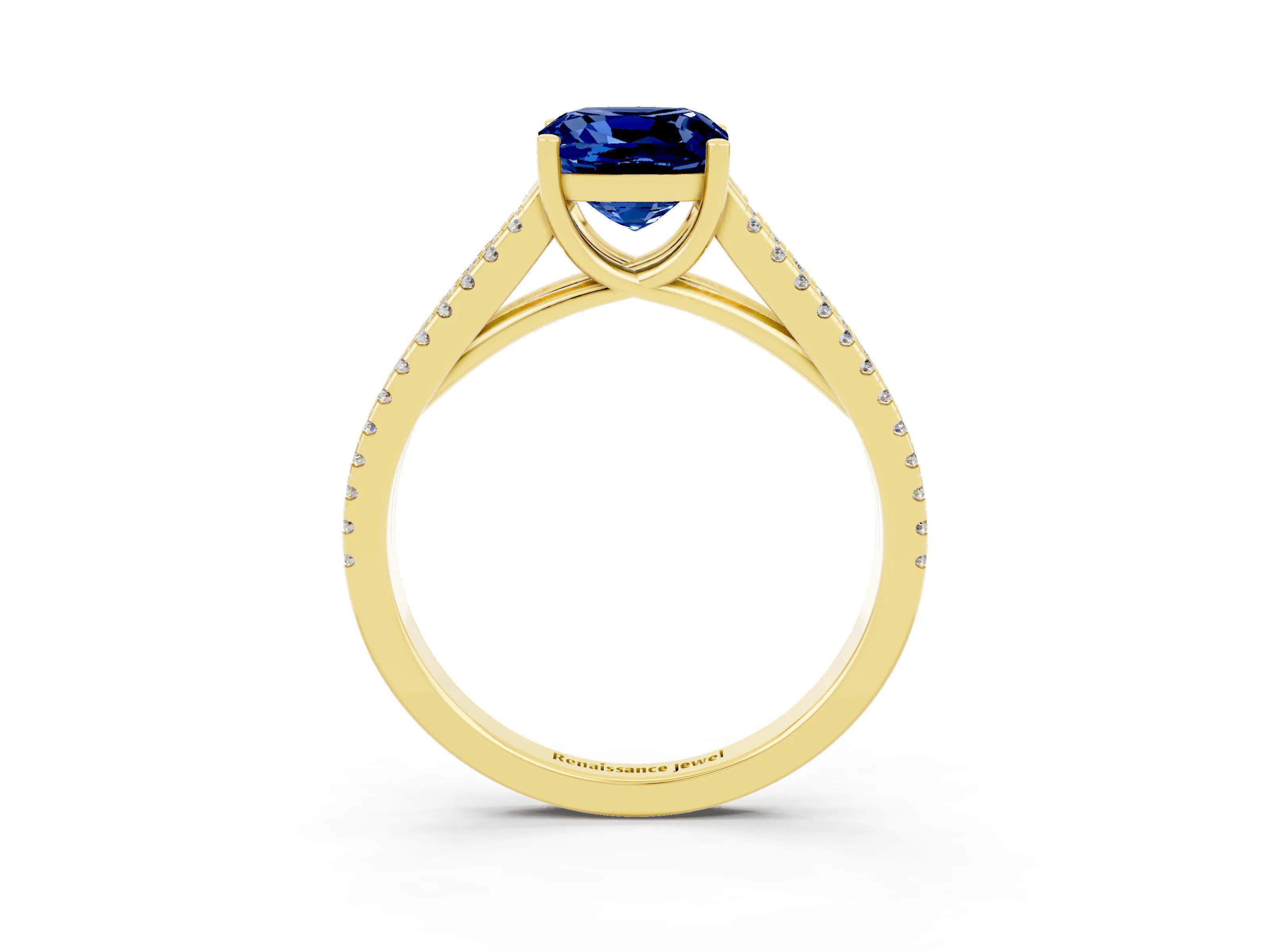 Yellow gold Cushion Cut Blue Sapphire Solitaire Engagement Ring with Split Shank Pavé Band_3