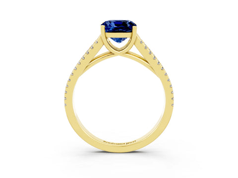 Yellow gold Cushion Cut Blue Sapphire Solitaire Engagement Ring with Split Shank Pavé Band_3