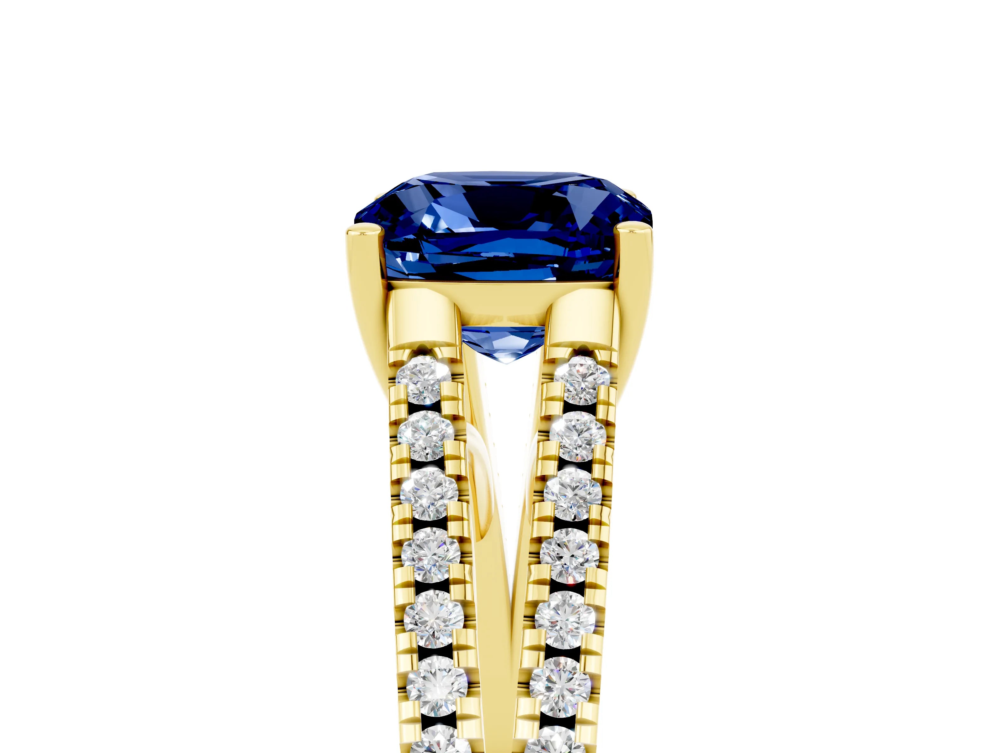 Yellow gold Cushion Cut Blue Sapphire Solitaire Engagement Ring with Split Shank Pavé Band_5