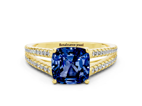 Yellow gold Cushion Cut Blue Sapphire Solitaire Engagement Ring with Split Shank Pavé Band