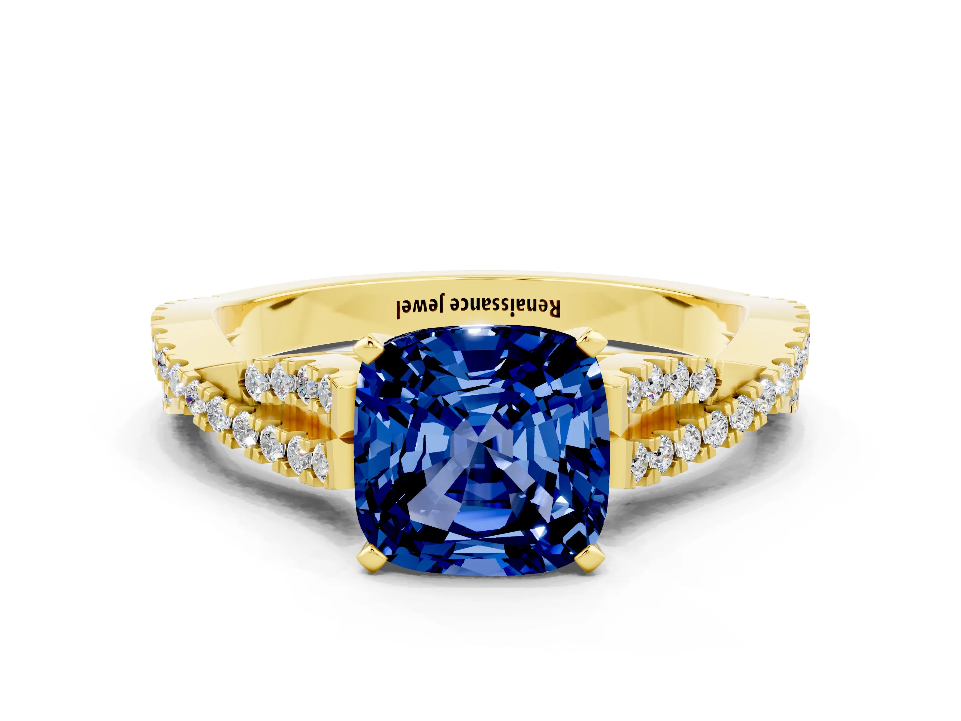 Yellow gold Cushion Cut Blue Sapphire Solitaire Engagement Ring with Twisted Pavé Band and Four-Prong Setting_12