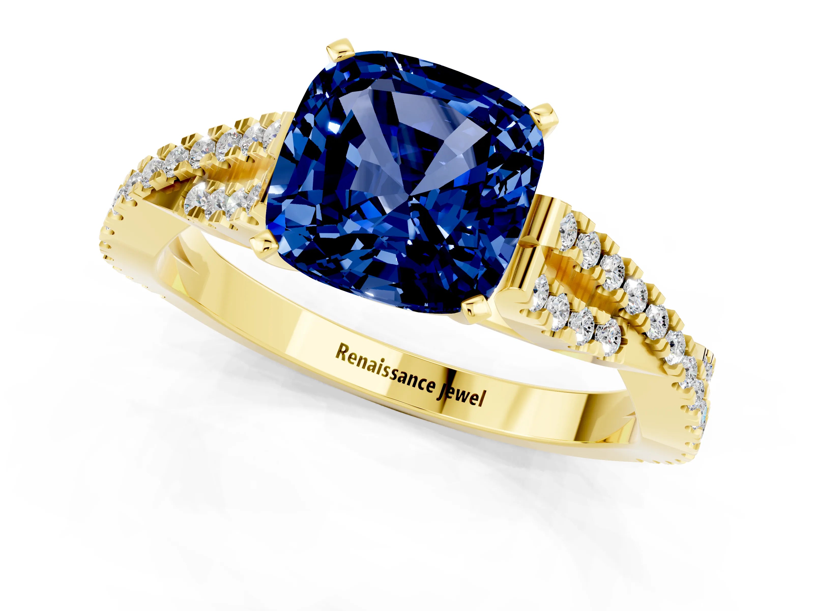 Yellow gold Cushion Cut Blue Sapphire Solitaire Engagement Ring with Twisted Pavé Band and Four-Prong Setting_13