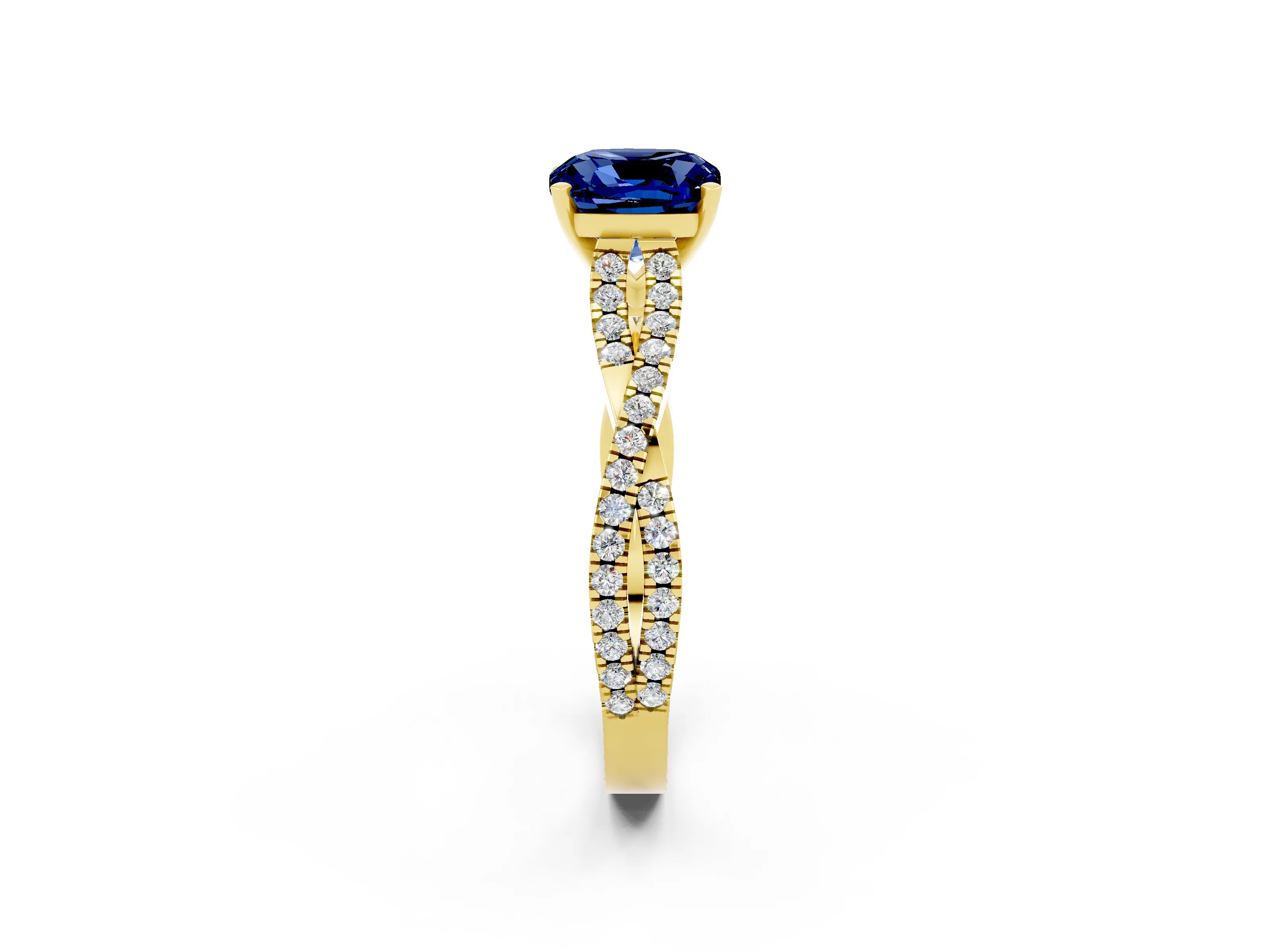 Yellow gold Cushion Cut Blue Sapphire Solitaire Engagement Ring with Twisted Pavé Band and Four-Prong Setting_14