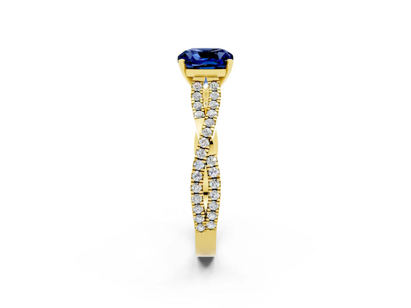 Yellow gold Cushion Cut Blue Sapphire Solitaire Engagement Ring with Twisted Pavé Band and Four-Prong Setting