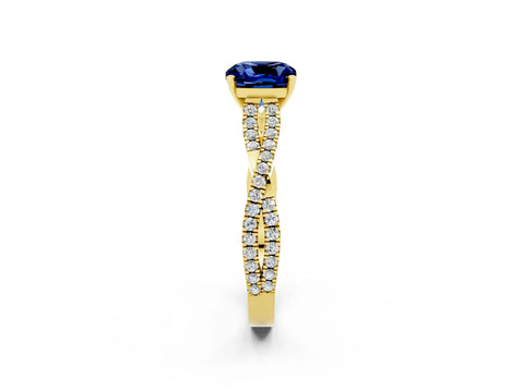 Yellow gold Cushion Cut Blue Sapphire Solitaire Engagement Ring with Twisted Pavé Band and Four-Prong Setting_14