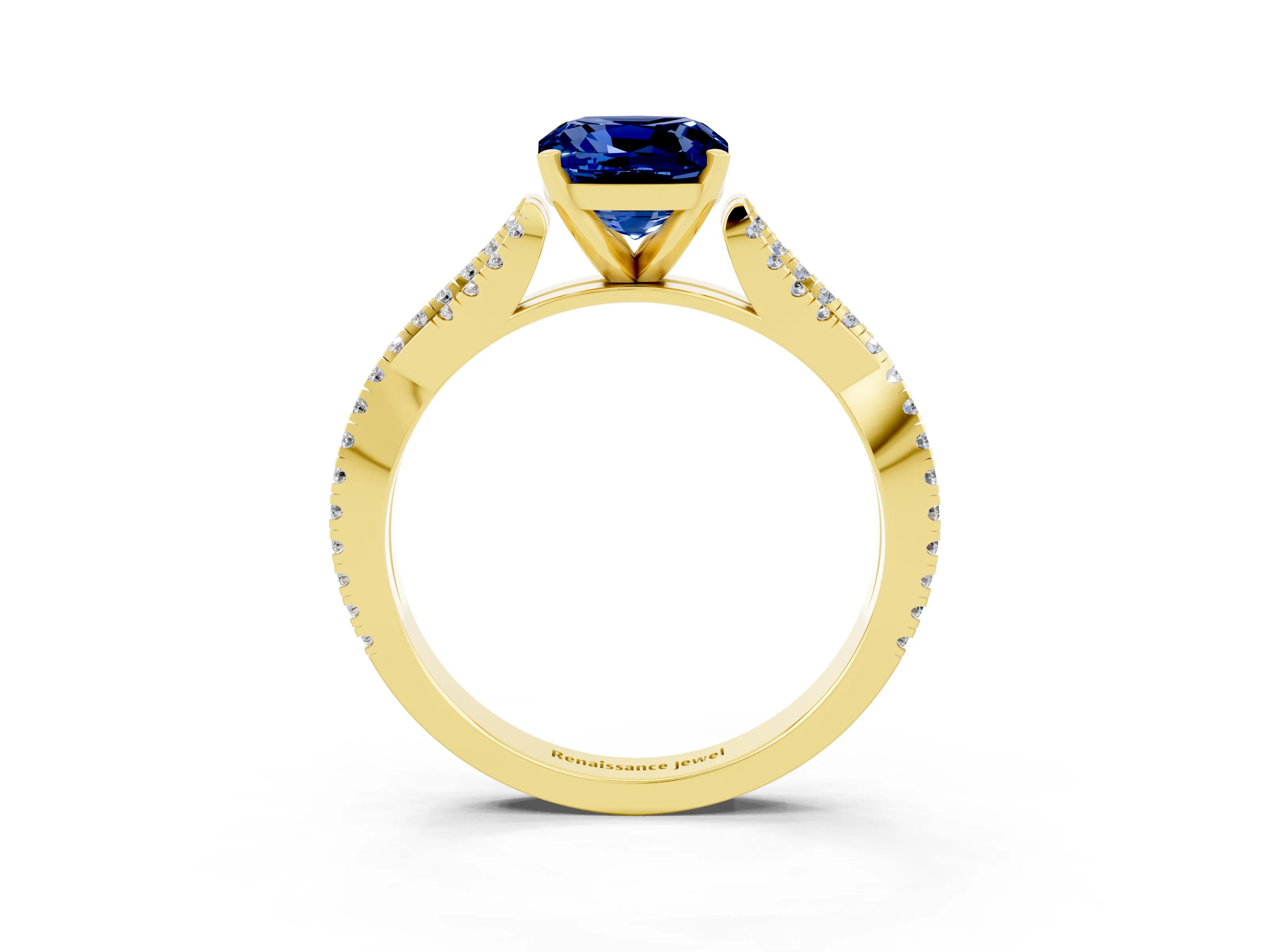 Yellow gold Cushion Cut Blue Sapphire Solitaire Engagement Ring with Twisted Pavé Band and Four-Prong Setting_15