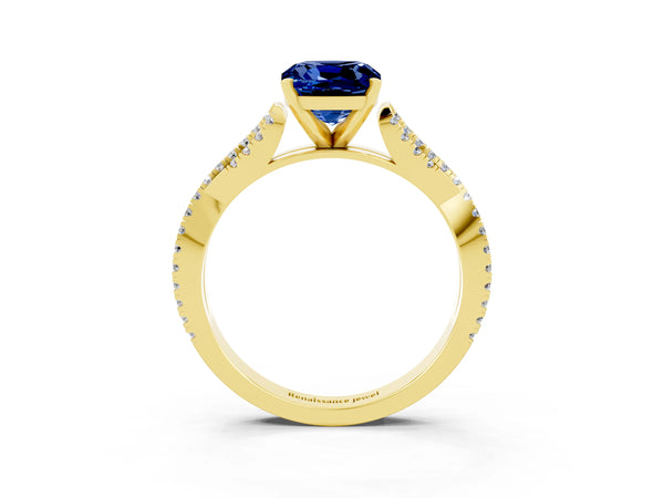 Yellow gold Cushion Cut Blue Sapphire Solitaire Engagement Ring with Twisted Pavé Band and Four-Prong Setting