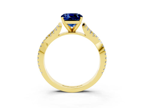 Yellow gold Cushion Cut Blue Sapphire Solitaire Engagement Ring with Twisted Pavé Band and Four-Prong Setting_15