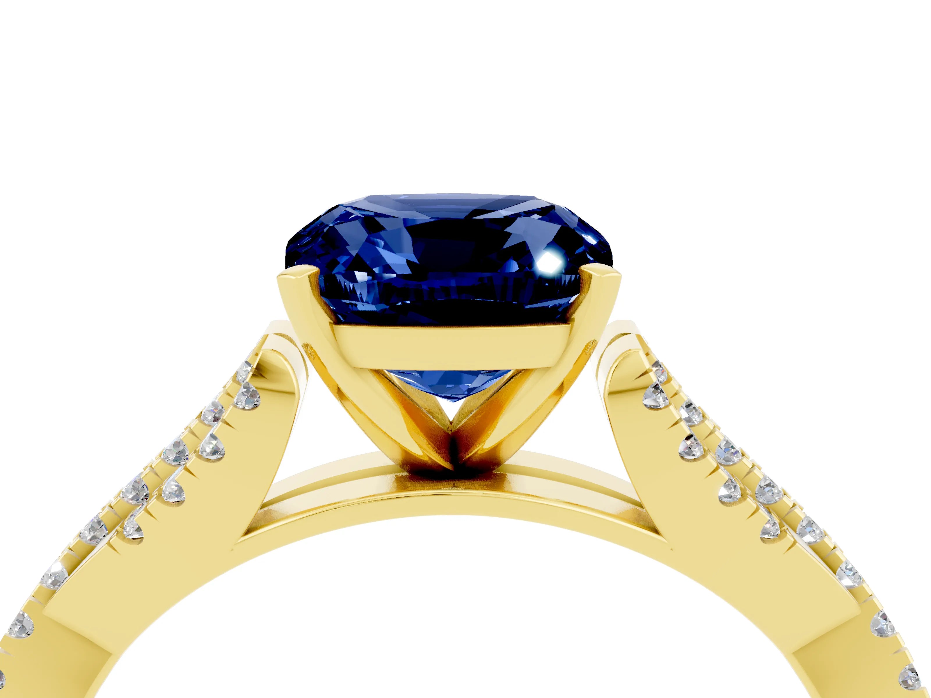 Yellow gold Cushion Cut Blue Sapphire Solitaire Engagement Ring with Twisted Pavé Band and Four-Prong Setting_16