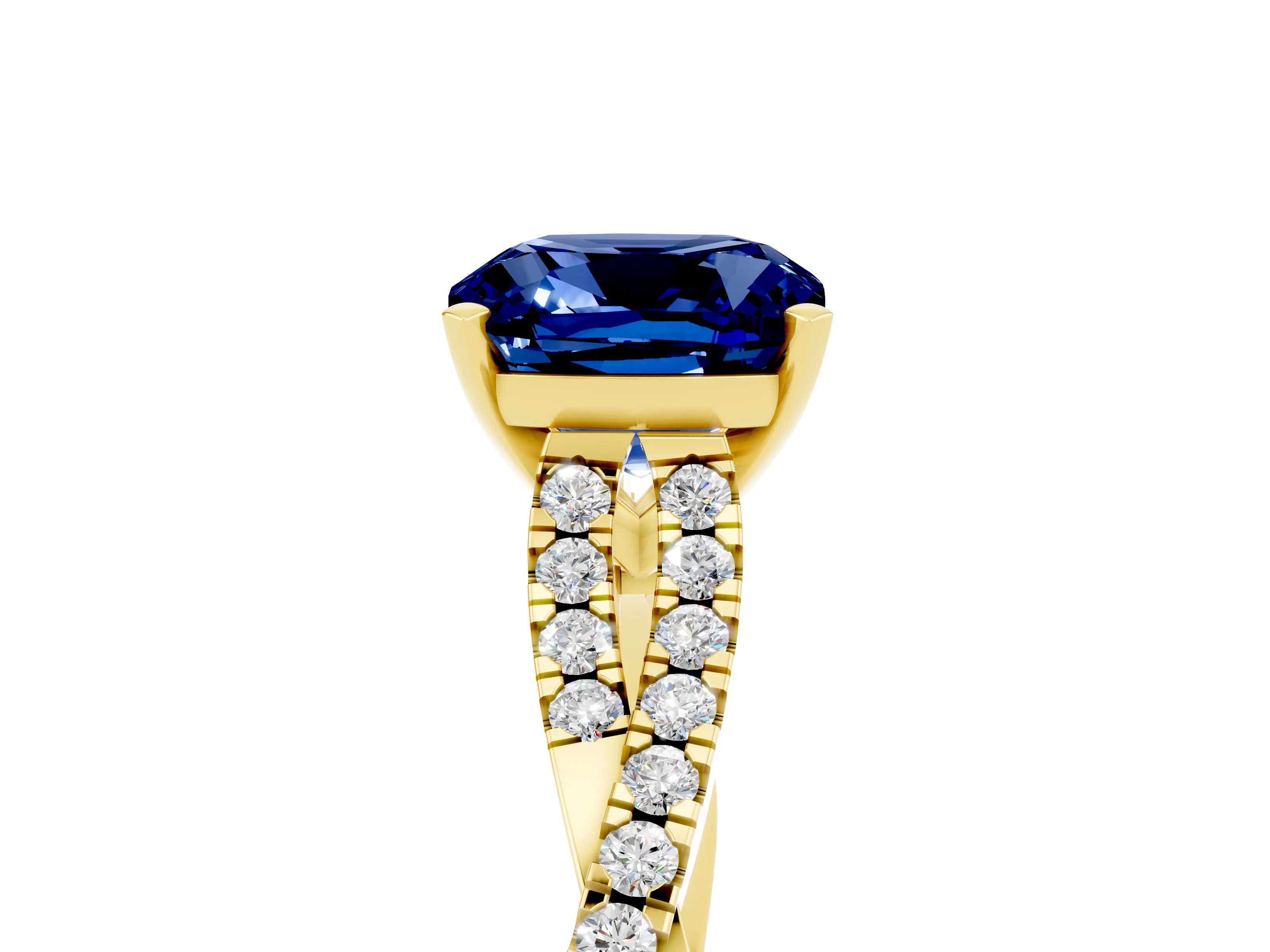 Yellow gold Cushion Cut Blue Sapphire Solitaire Engagement Ring with Twisted Pavé Band and Four-Prong Setting_17