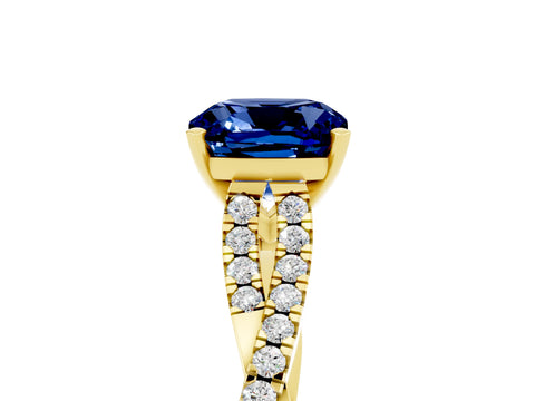 Yellow gold Cushion Cut Blue Sapphire Solitaire Engagement Ring with Twisted Pavé Band and Four-Prong Setting_17