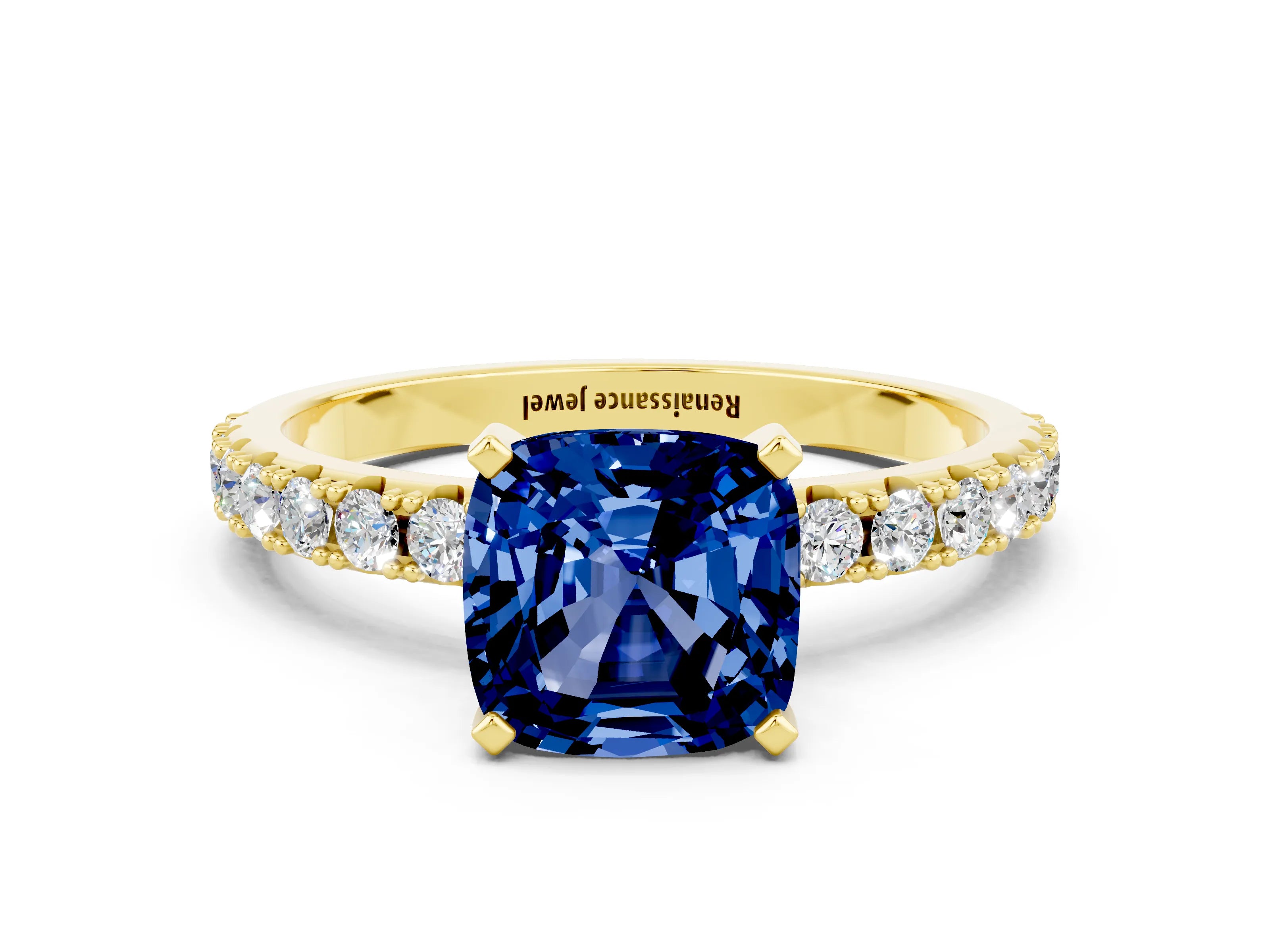 Yellow gold Cushion Cut Blue Sapphire Solitaire Pavé Band with Four-Prong Setting