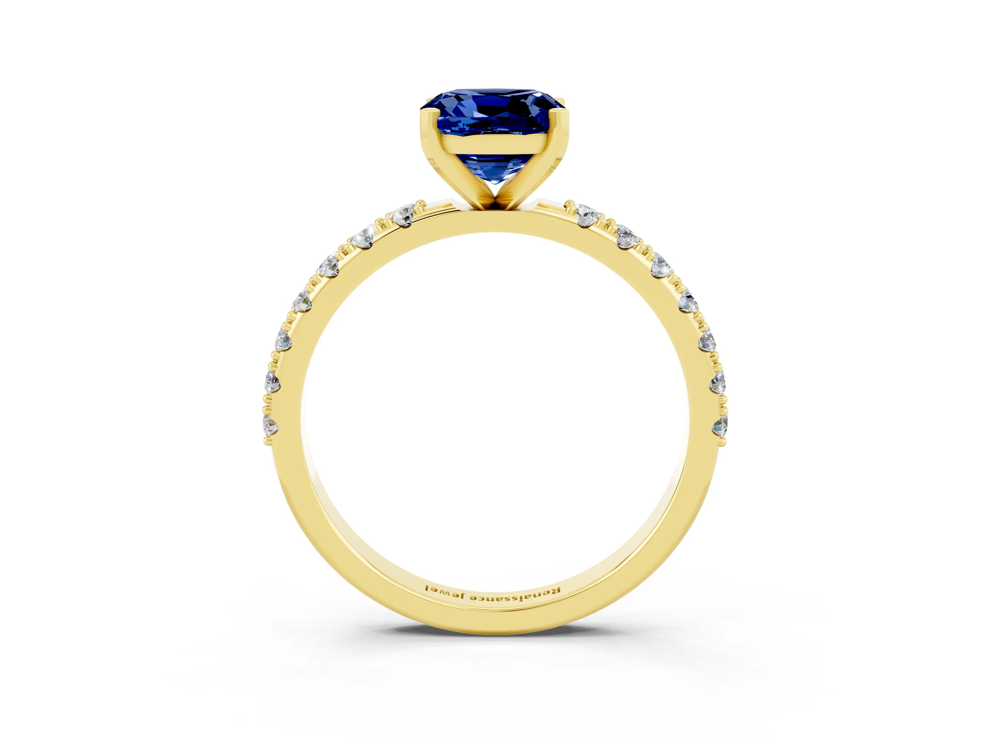 Yellow gold Cushion Cut Blue Sapphire Solitaire Pavé Band with Four-Prong Setting_3