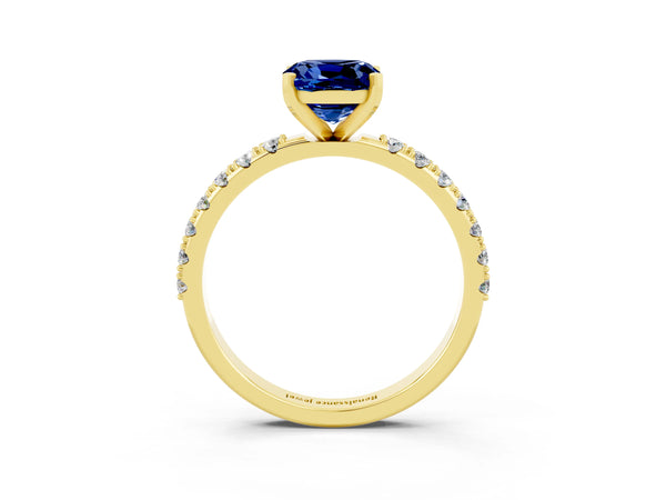 Yellow gold Cushion Cut Blue Sapphire Solitaire Pavé Band with Four-Prong Setting