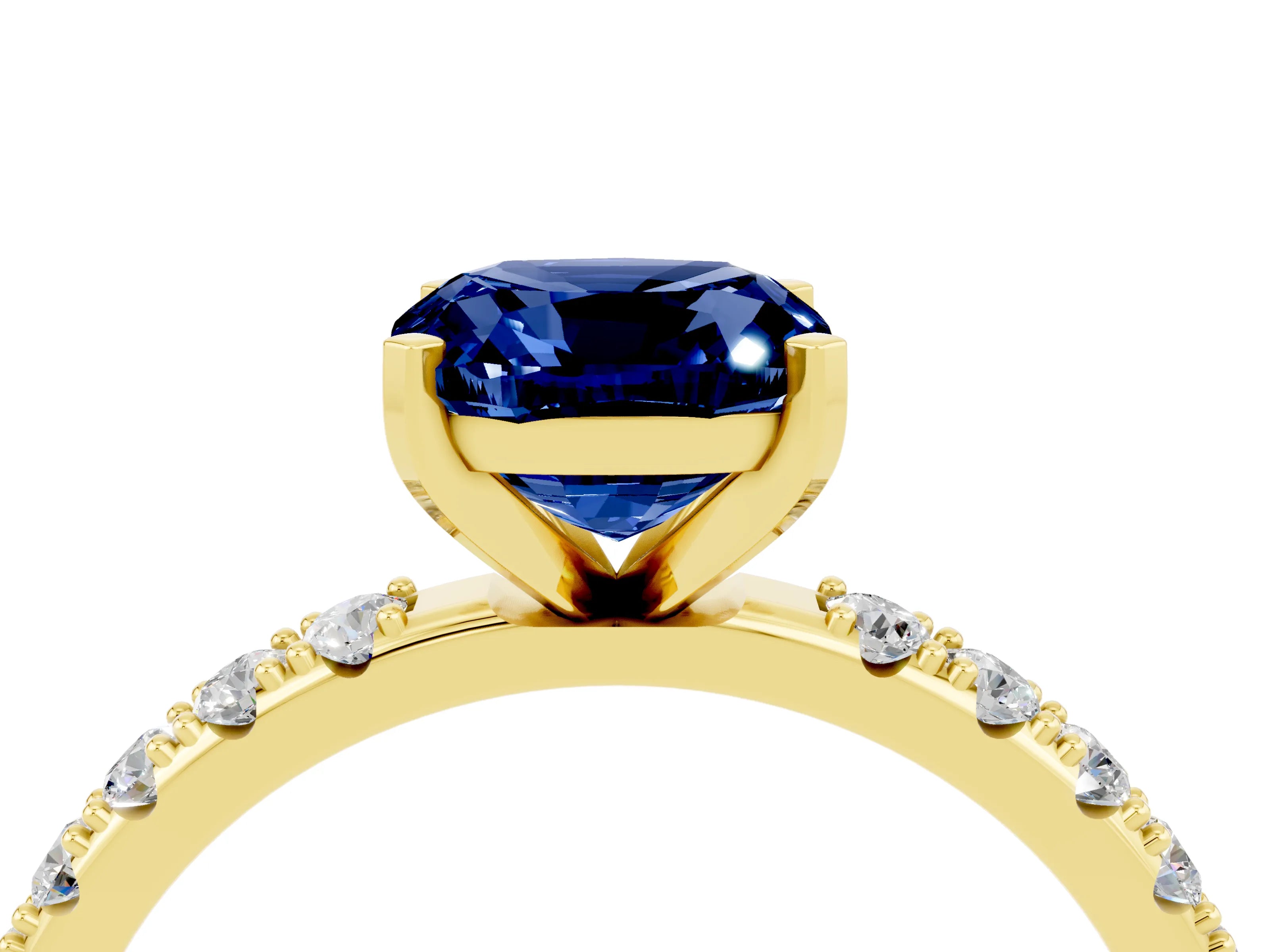 Yellow gold Cushion Cut Blue Sapphire Solitaire Pavé Band with Four-Prong Setting_4