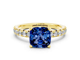Yellow gold Cushion Cut Blue Sapphire Solitaire Pavé Engagement Ring with Round Band and Prong Setting_12