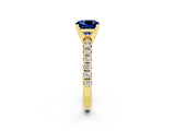 Yellow gold Cushion Cut Blue Sapphire Solitaire Pavé Engagement Ring with Round Band and Prong Setting_14