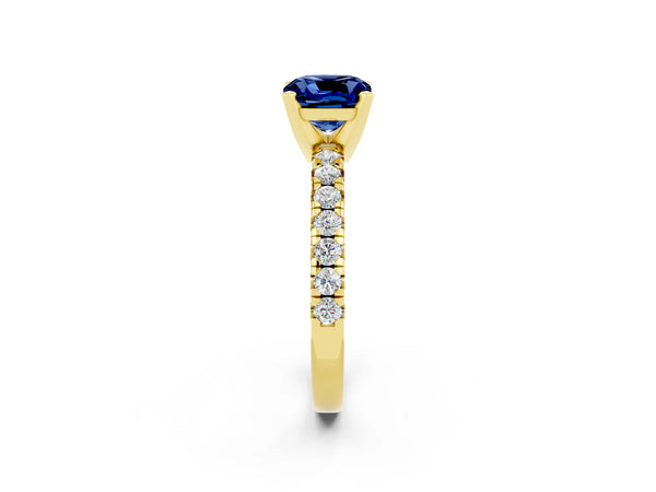 Yellow gold Cushion Cut Blue Sapphire Solitaire Pavé Engagement Ring with Round Band and Prong Setting