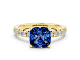 Yellow gold Cushion Cut Blue Sapphire Solitaire Pavé Engagement Ring with Round Band and Prong Setting_78