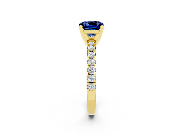 Yellow gold Cushion Cut Blue Sapphire Solitaire Pavé Engagement Ring with Round Band and Prong Setting