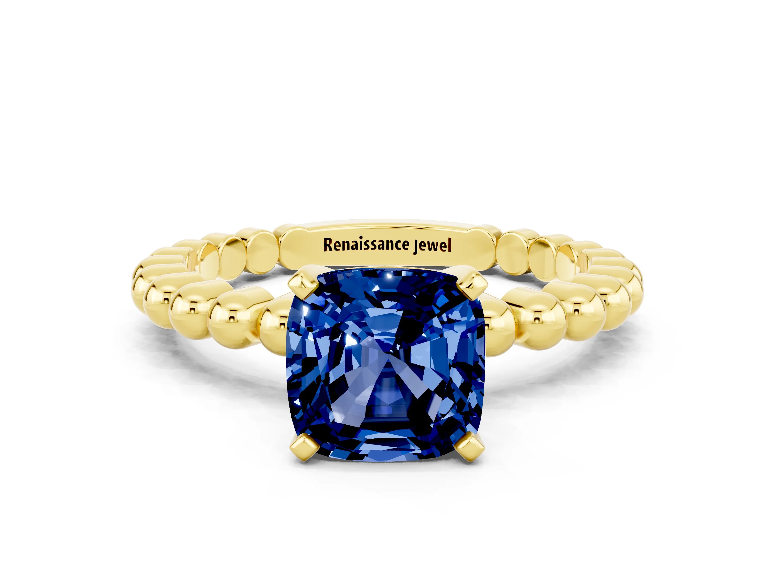 Yellow gold Cushion Cut Blue Sapphire Solitaire Ring with Beaded Band and Prong Setting