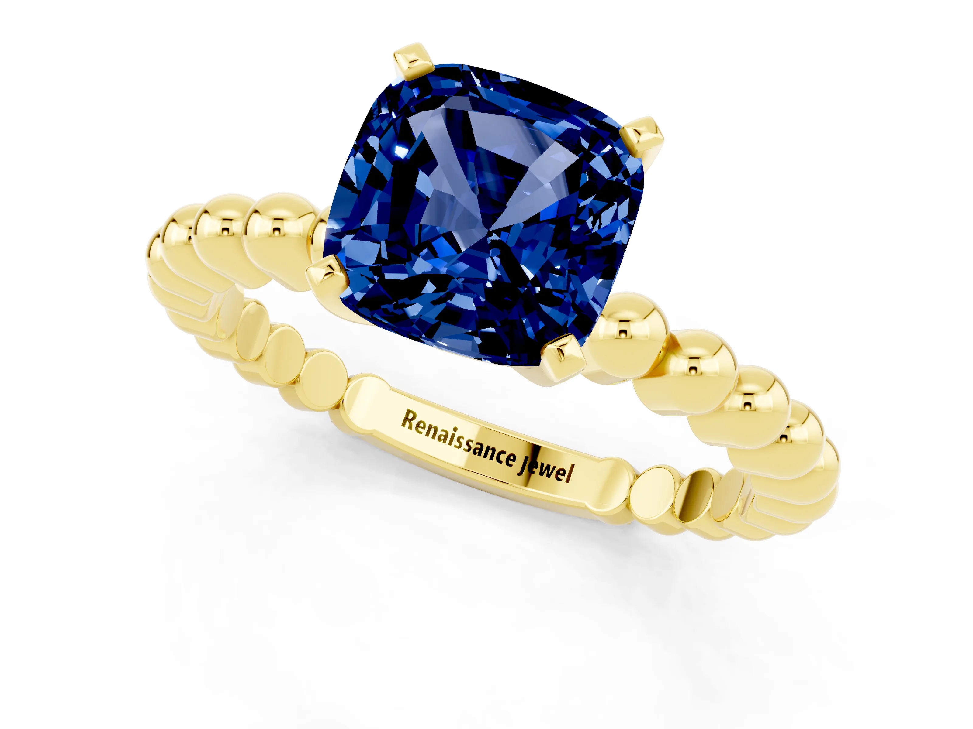 Yellow gold Cushion Cut Blue Sapphire Solitaire Ring with Beaded Band and Prong Setting_1