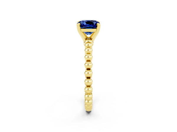 Yellow gold Cushion Cut Blue Sapphire Solitaire Ring with Beaded Band and Prong Setting