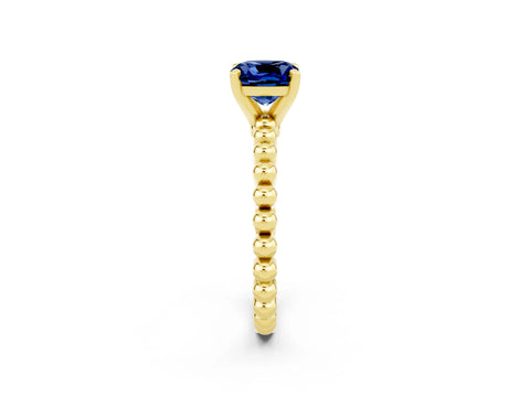 Yellow gold Cushion Cut Blue Sapphire Solitaire Ring with Beaded Band and Prong Setting_2