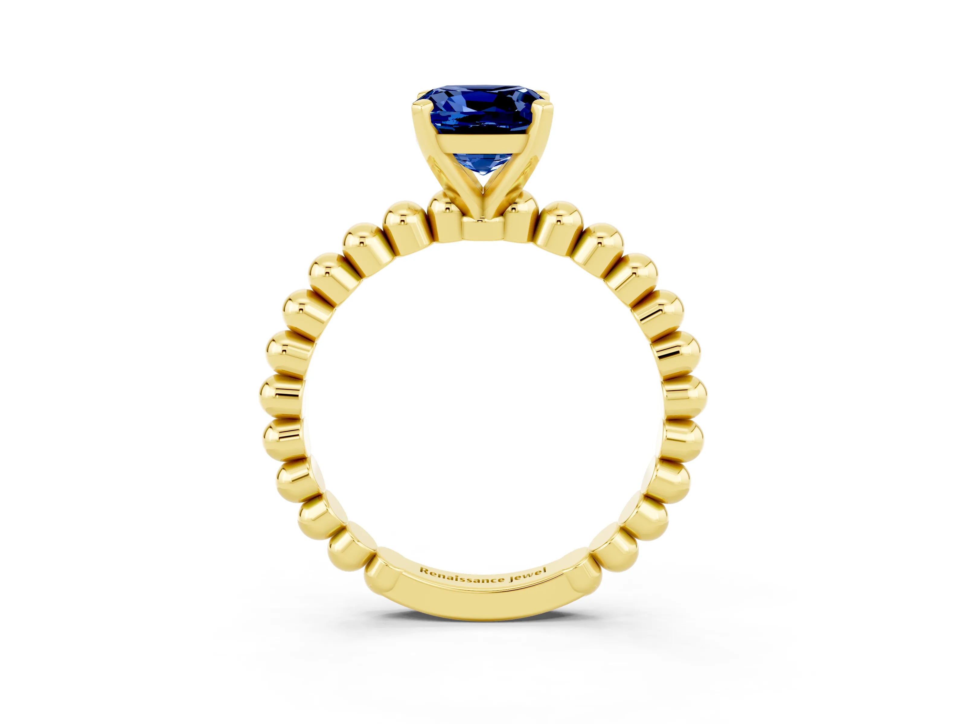 Yellow gold Cushion Cut Blue Sapphire Solitaire Ring with Beaded Band and Prong Setting_3