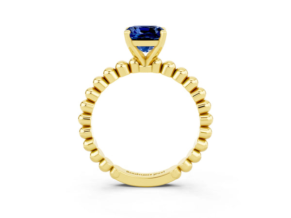 Yellow gold Cushion Cut Blue Sapphire Solitaire Ring with Beaded Band and Prong Setting