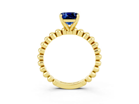 Yellow gold Cushion Cut Blue Sapphire Solitaire Ring with Beaded Band and Prong Setting_3