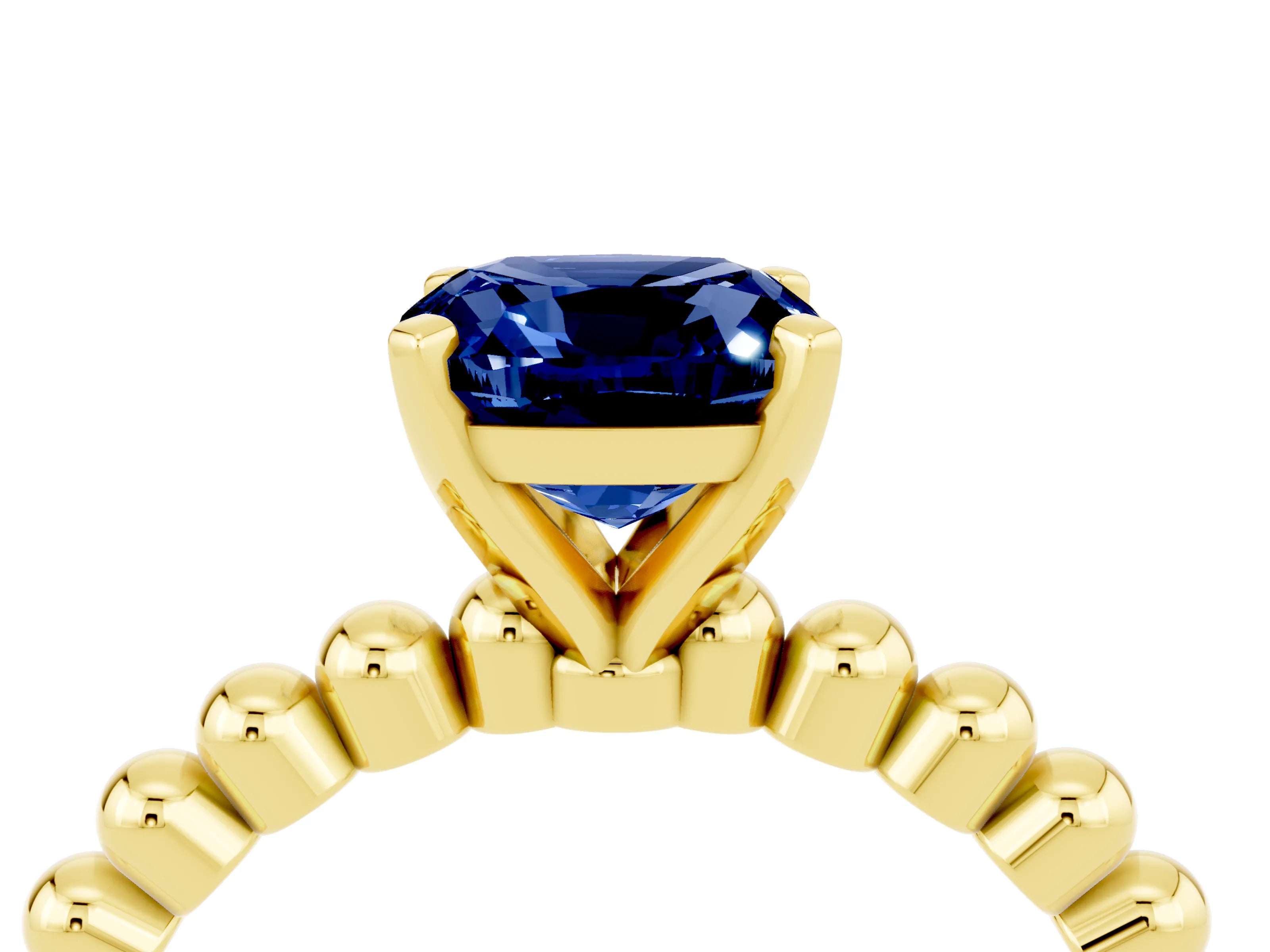 Yellow gold Cushion Cut Blue Sapphire Solitaire Ring with Beaded Band and Prong Setting_4
