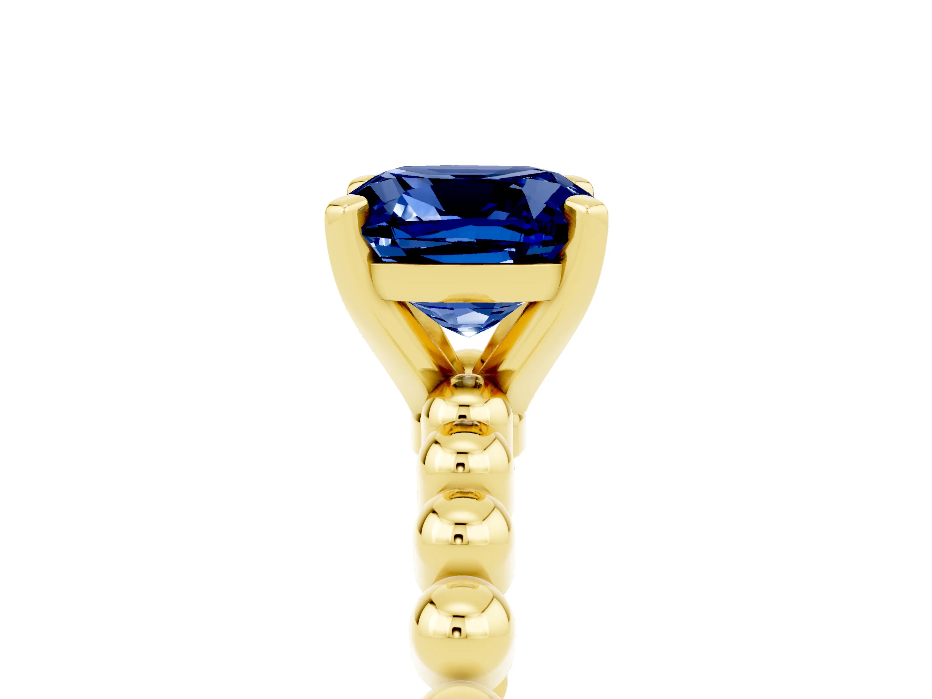 Yellow gold Cushion Cut Blue Sapphire Solitaire Ring with Beaded Band and Prong Setting_5