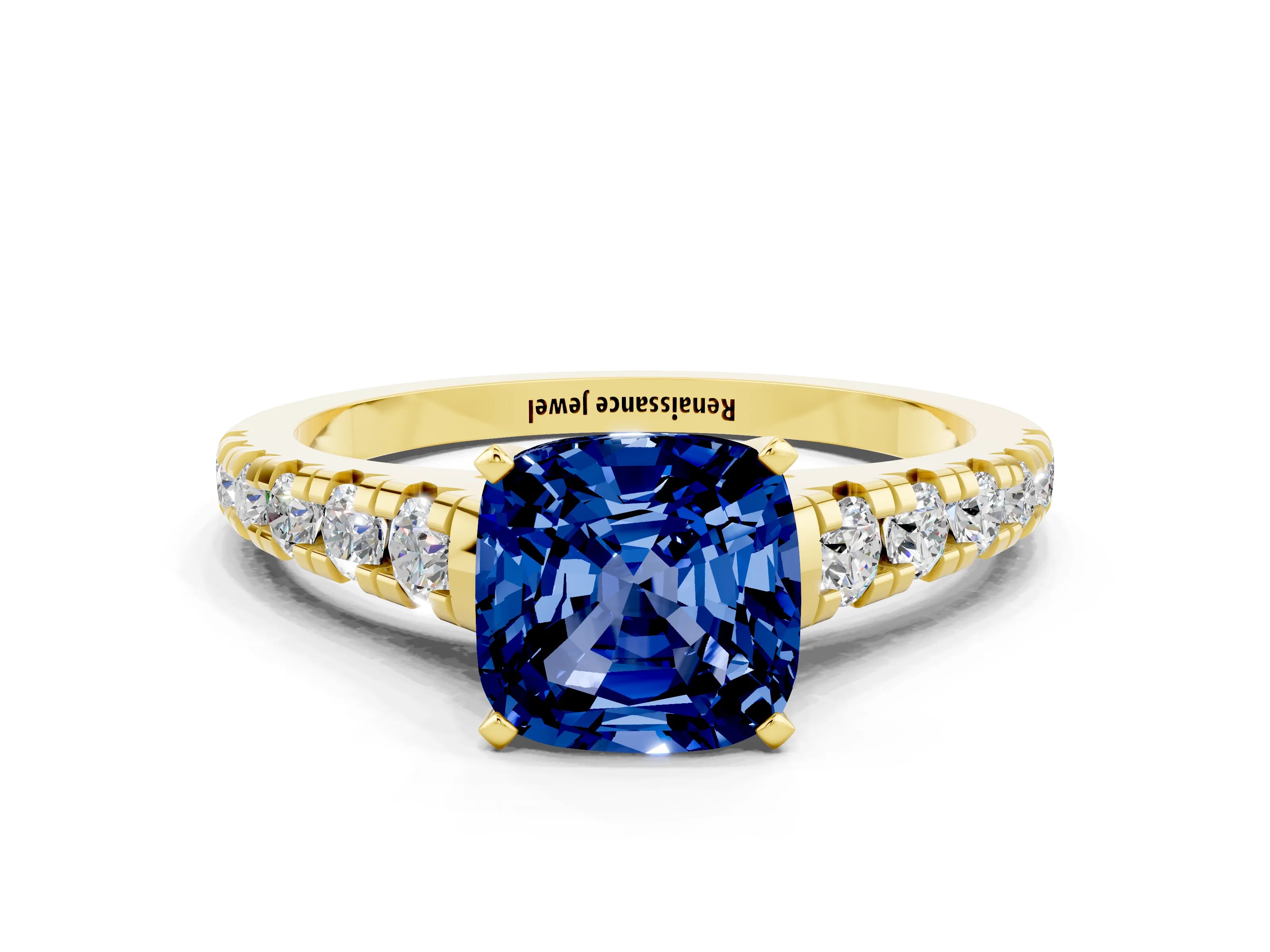 Yellow gold Cushion Cut Blue Sapphire Solitaire Ring with Cathedral Setting and Pavé Band