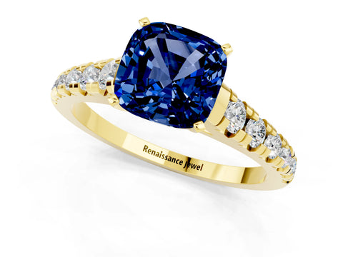 Yellow gold Cushion Cut Blue Sapphire Solitaire Ring with Cathedral Setting and Pavé Band_1