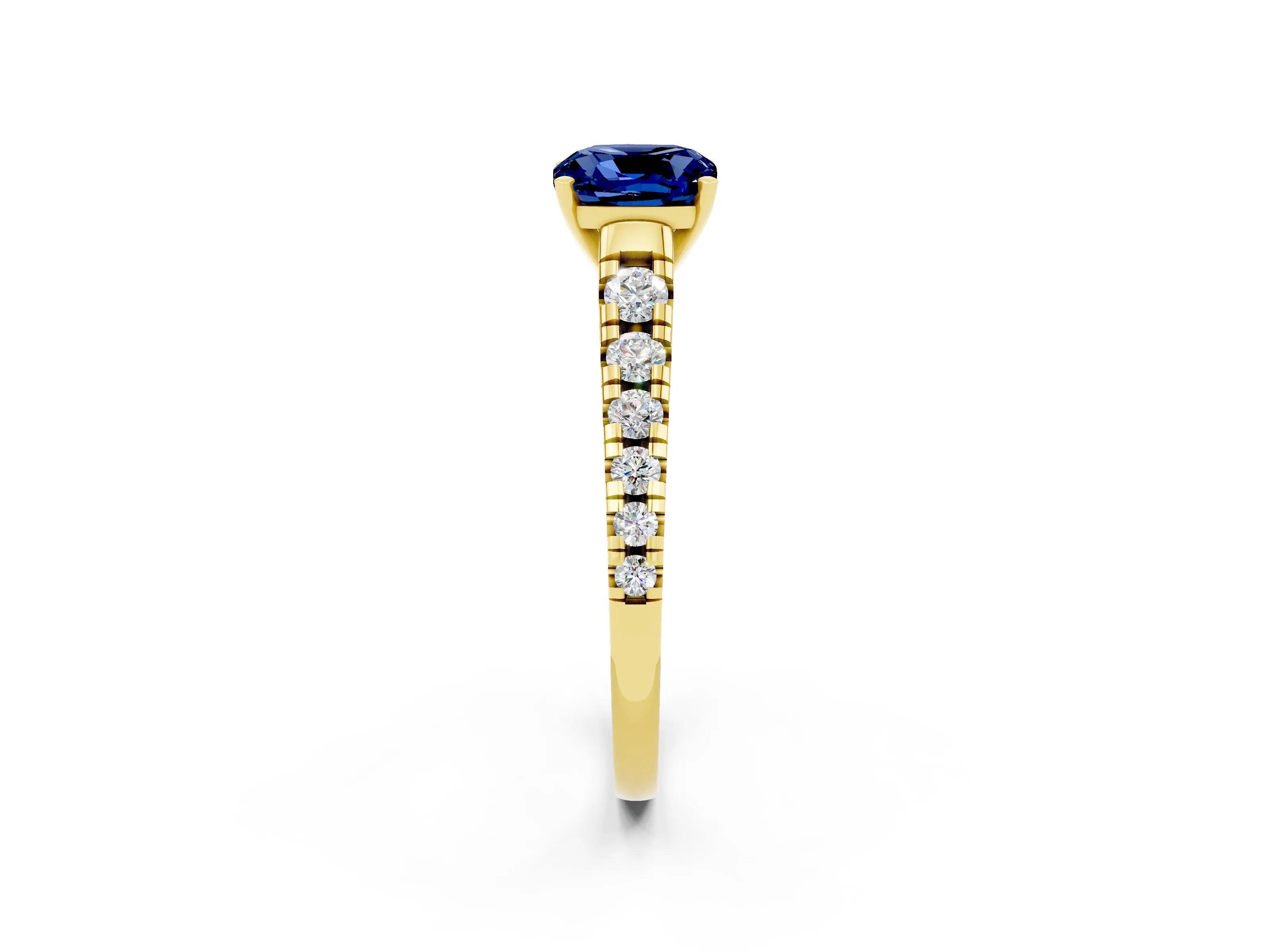 Yellow gold Cushion Cut Blue Sapphire Solitaire Ring with Cathedral Setting and Pavé Band_2