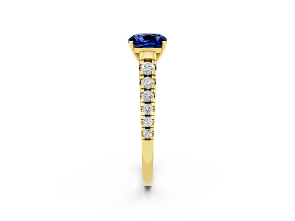 Yellow gold Cushion Cut Blue Sapphire Cathedral Solitaire Ring with Round  Pavé Band