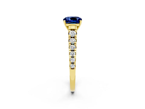 Yellow gold Cushion Cut Blue Sapphire Solitaire Ring with Cathedral Setting and Pavé Band_2