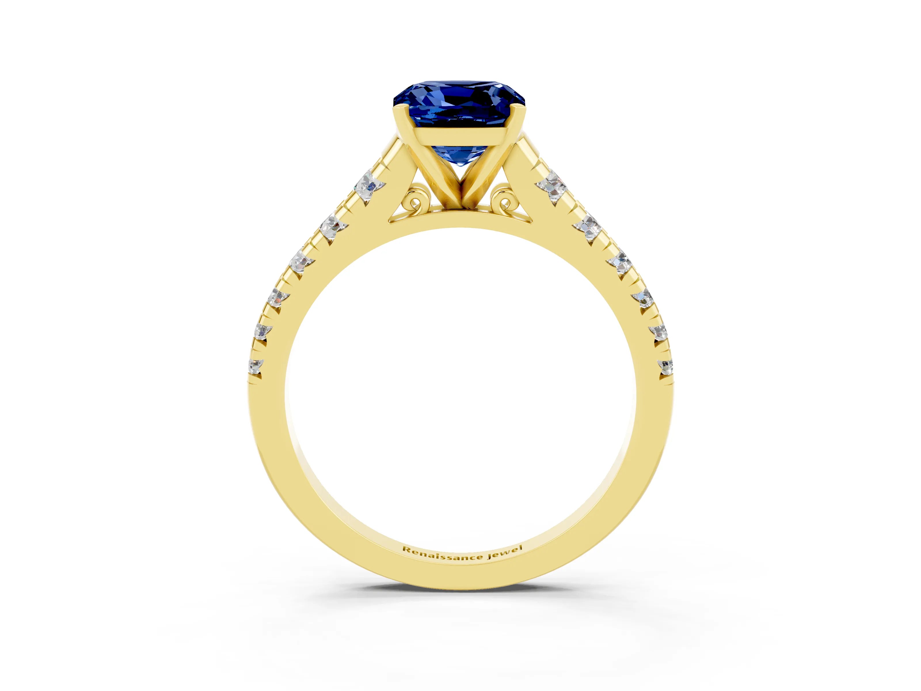 Yellow gold Cushion Cut Blue Sapphire Solitaire Ring with Cathedral Setting and Pavé Band_3
