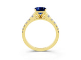 Yellow gold Cushion Cut Blue Sapphire Solitaire Ring with Cathedral Setting and Pavé Band_3