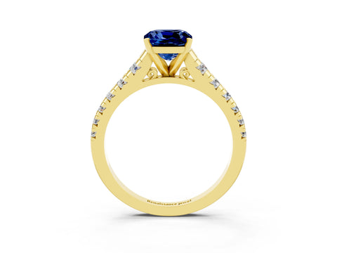Yellow gold Cushion Cut Blue Sapphire Solitaire Ring with Cathedral Setting and Pavé Band_3
